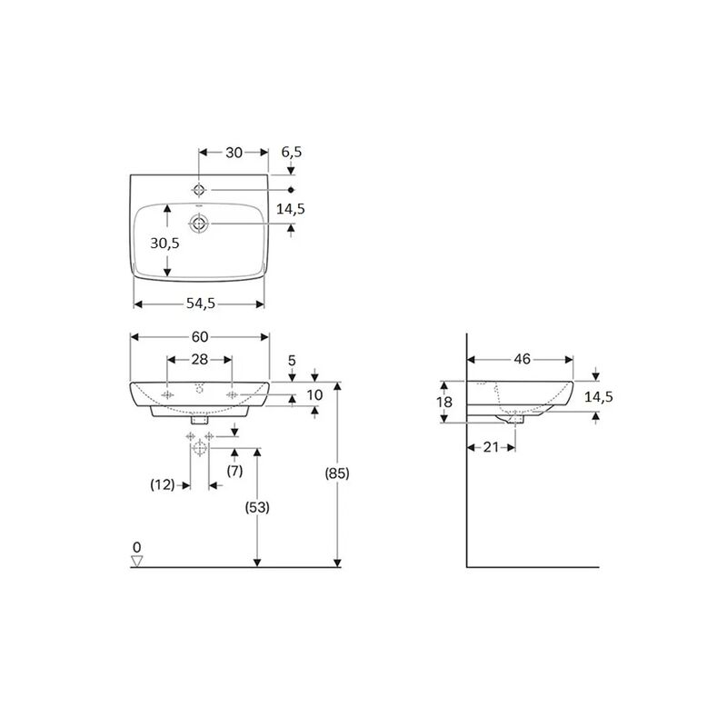 Geberit 500.300.01.1 Selnova Square umyvadlo B=60cm,T=46cm, otvor pro bat. uprost.,bila