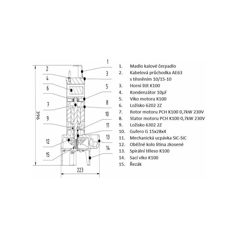 PCH K1-J-220-P 230V Kalové čerpadlo s řezákem + plovák SK015400