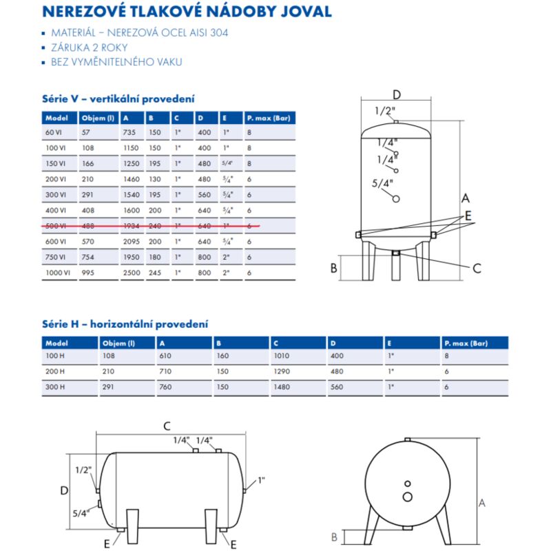 tlak.nadrz nerez 600l JOVAL 6baru bez vaku
