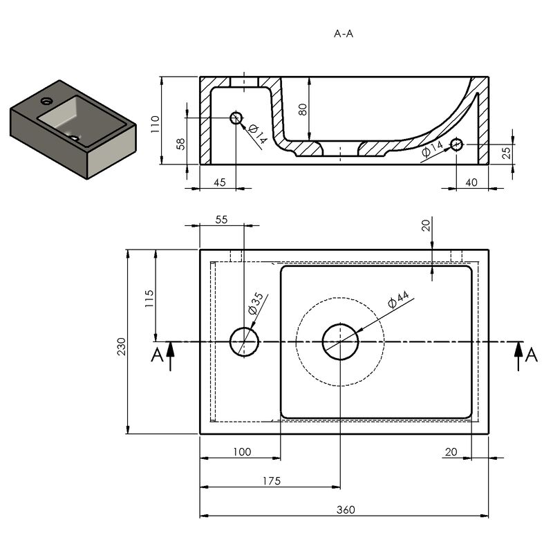 ALABAMA umývátko 36x11x23cm, litý mramor, levé bílé AL794