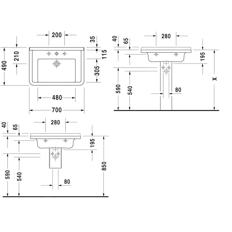 DURAVIT STARCK 3 Umyvadlo 700x490mm bílé 0304700000