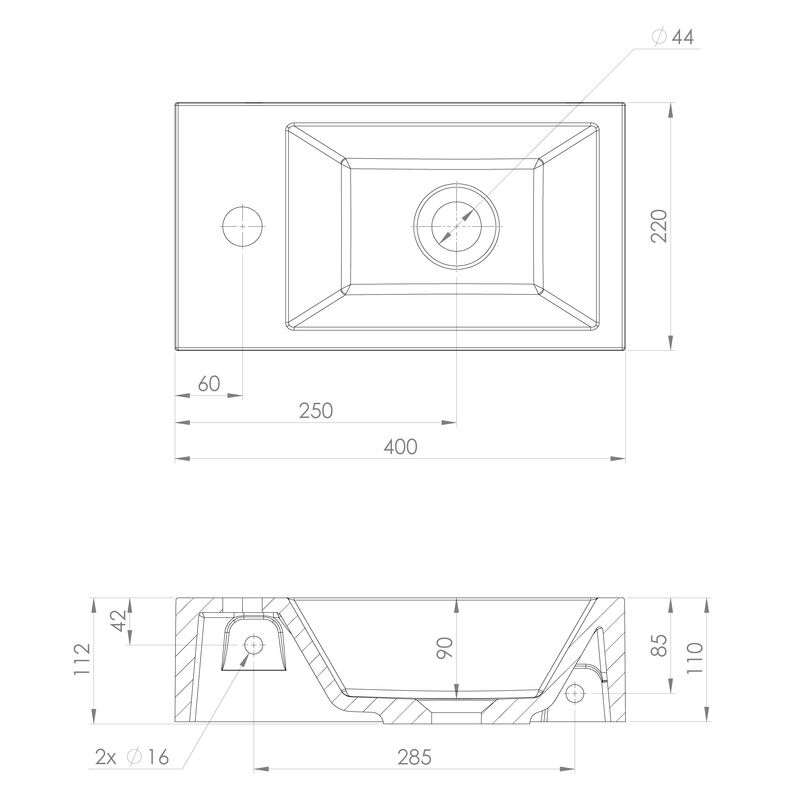 ALABAMA umývátko 36x11x23cm, litý mramor, levé bílé AL794