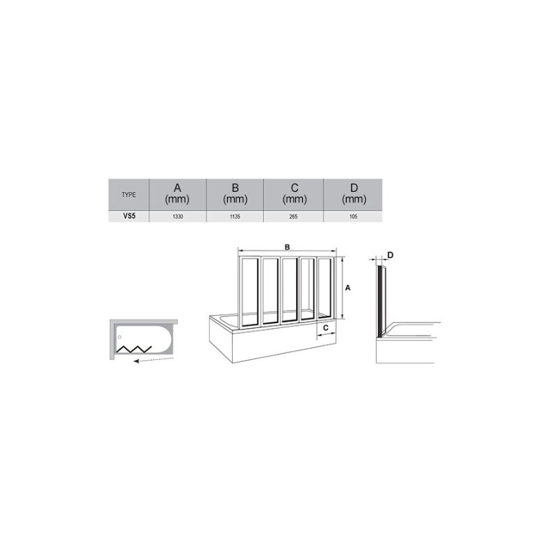 Vanová zástěna VS 5 bílý/Rain šířka 1135mm