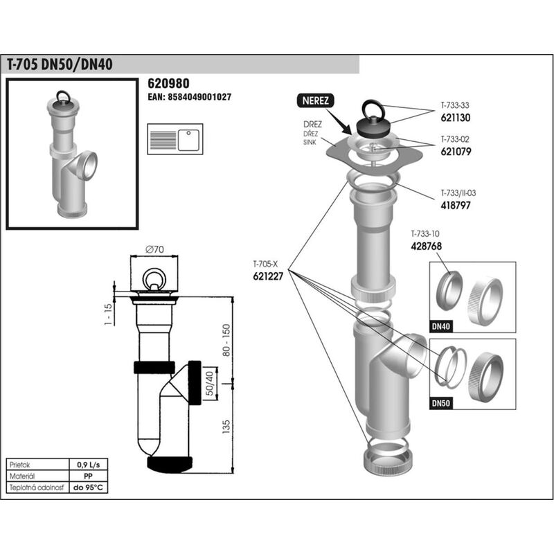 T 705 DN50/DN40 chrom drez.sifon