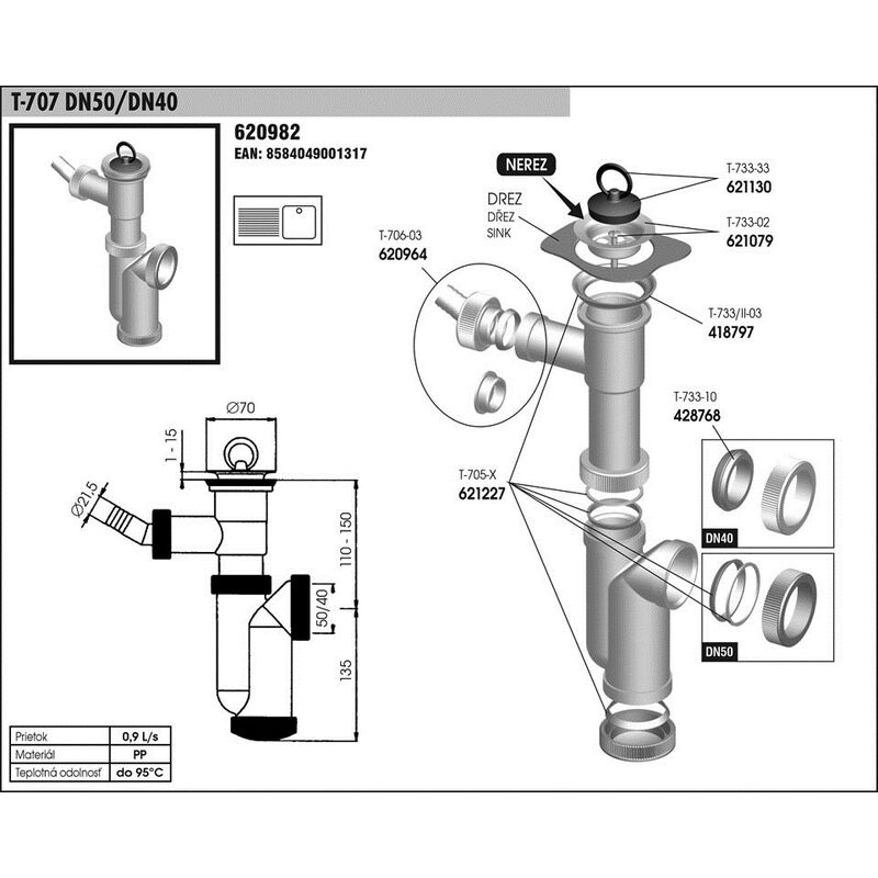 T 707 DN50/DN40 sifon dřez.s odb.chrom