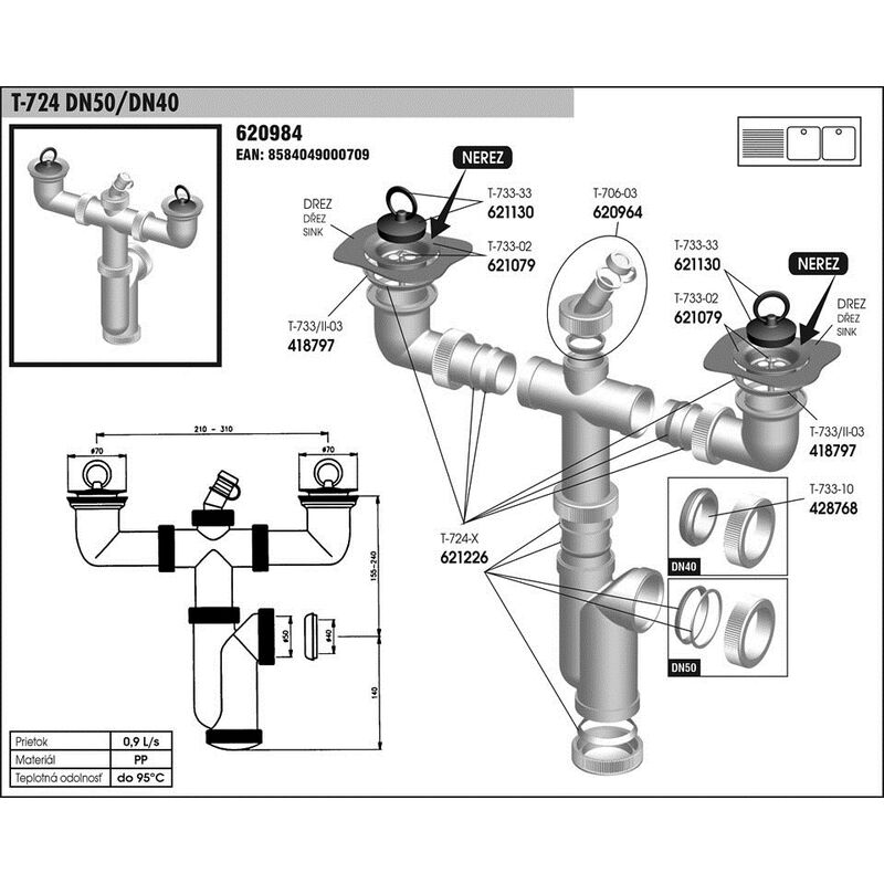 T 724 DN50/DN40 dvousifon dřezový-nerez s odbočkou