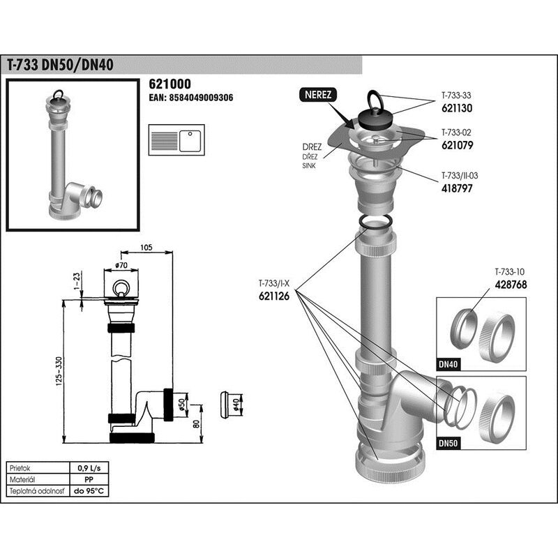 T 733 DN 50/40 sifon dřezový