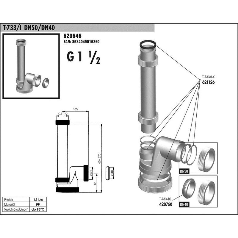 T 733 DN 50/I sifon dřezový