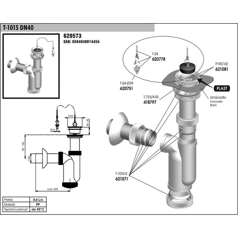 umyvadlový sifon T 1015 B DN 40