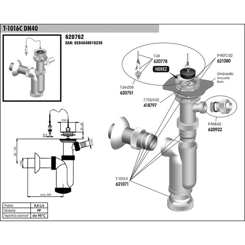 Umyvadlový sifon T 1016 C DN 40 s odbočkou
