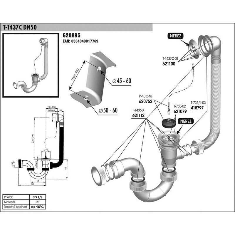 Vanový sifon T 1437C chrom s přepadem