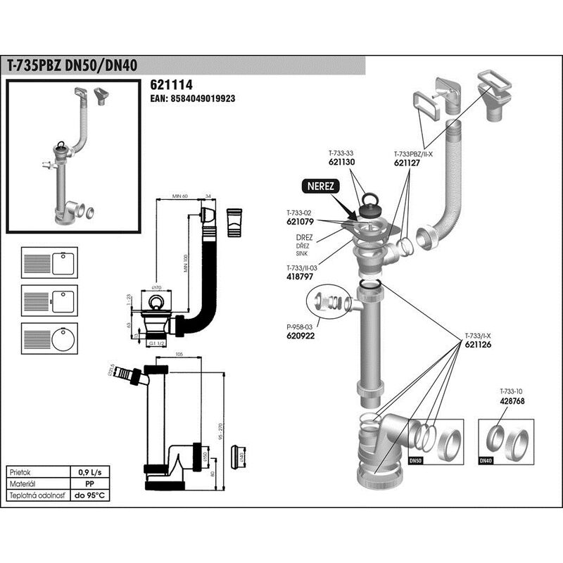 dřezový sifon T 735 PBZ DN50/40