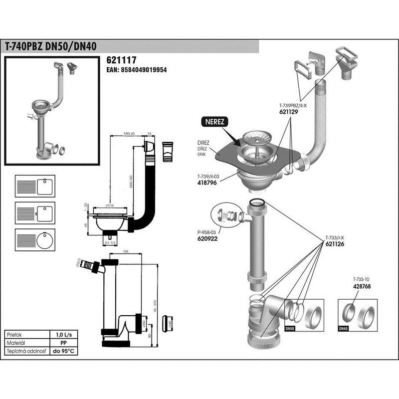 T 740 PBZ DN 50/40 dřezový sifon