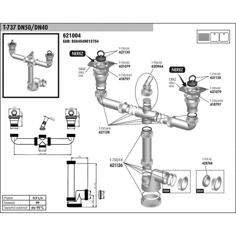 dřezový sifon T 737 DN50/40 dvoudřez