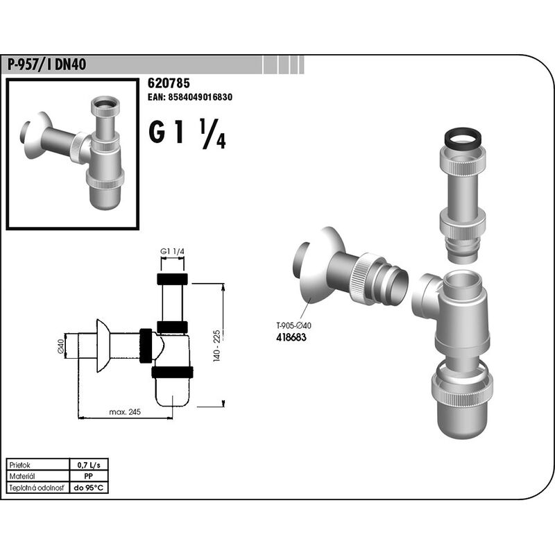 P 957 A/I  bila DN40 umyvadlový sifon