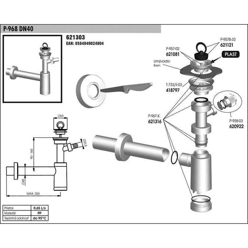 umyvadlový sifon P 968 DN40 s přípojkou