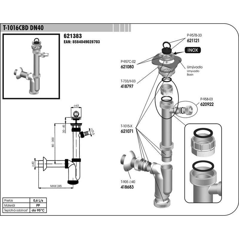 Umyvadlový sifon T 1016 CBD/I DN 40