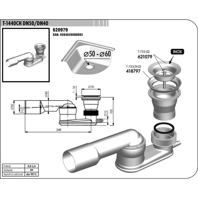vaničkový sifon T 1440 CH DN50/DN40