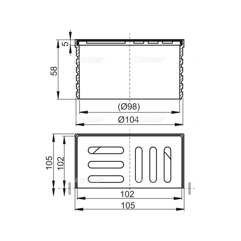 ALCA PLAST Hrdlo vpusti, mřížka 105×105mm nerez pro APV26, APV26C