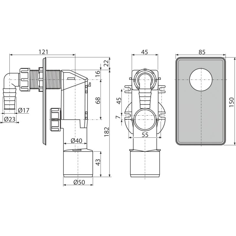 APS3 sifon prackovy podomitkovy, nerez DN40 a DN50