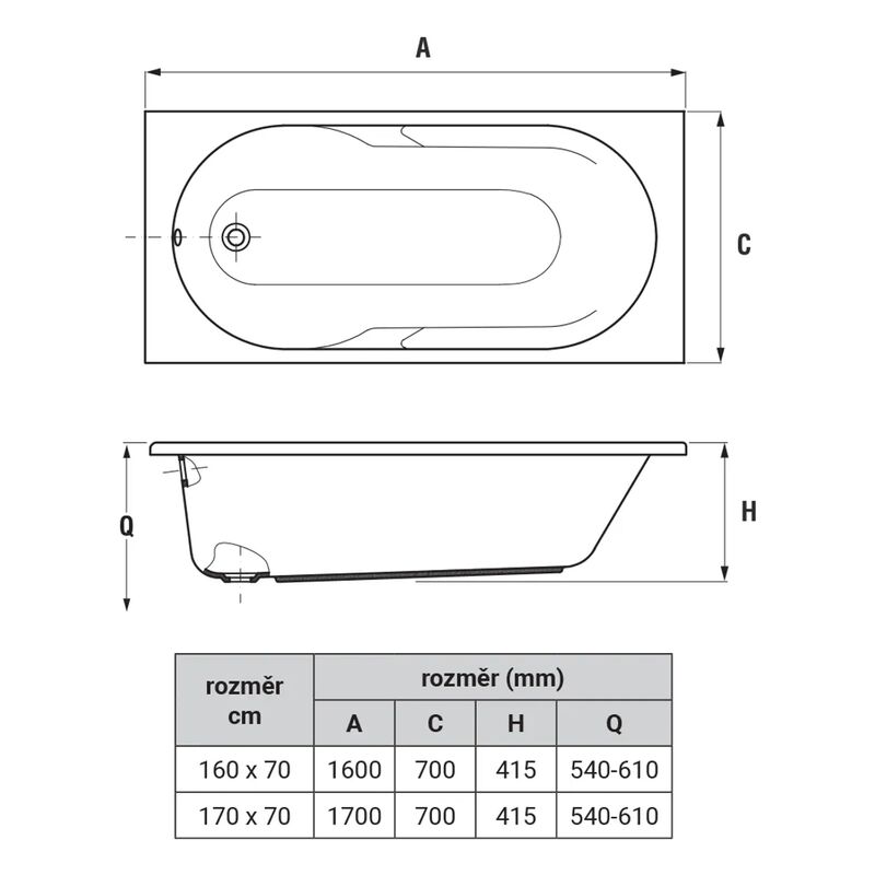 Jika LYRA vana akrylová 170x70cm vč.podpěr objem 179l H2318390000001