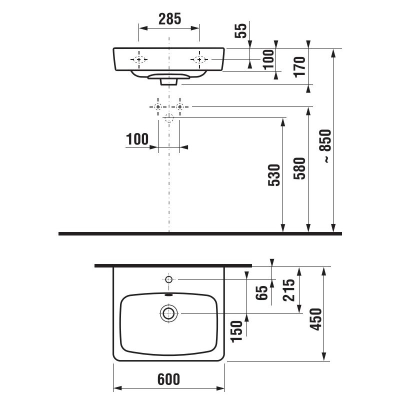 LYRA plus 1038.2.000.104 umyvadlo 60cm do nabytku ,s 1 otv. pro bat.uprostred