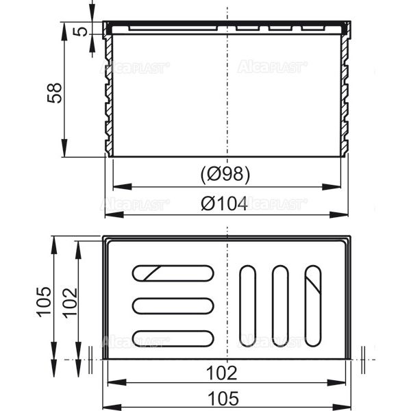 ALCA PLAST Hrdlo vpusti, mřížka 105×105mm nerez pro APV26, APV26C